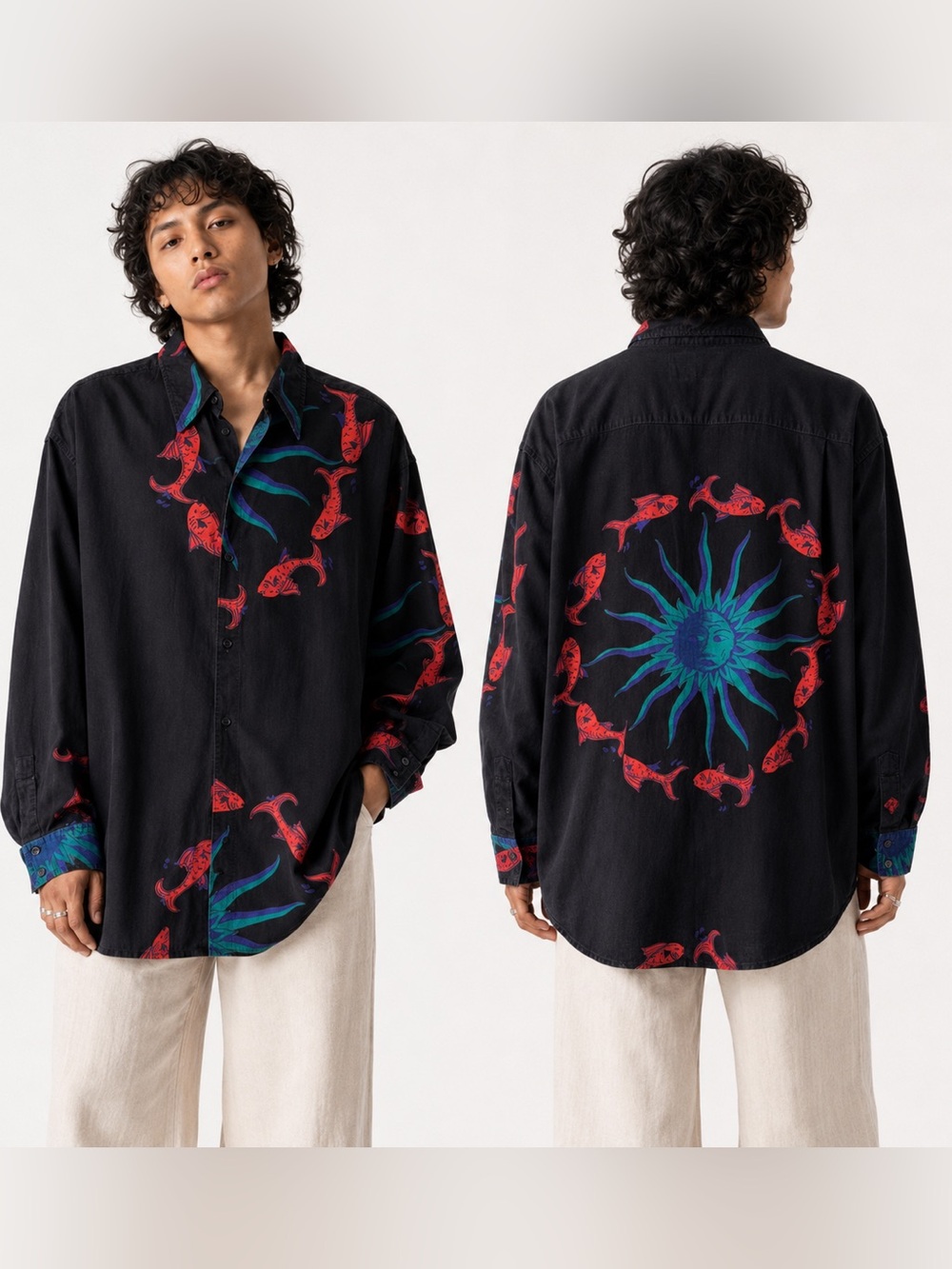 Vintage 90s Steel Koi Fish Celestial Sun Button-Down Shirt Unisex XL–2XL Mens